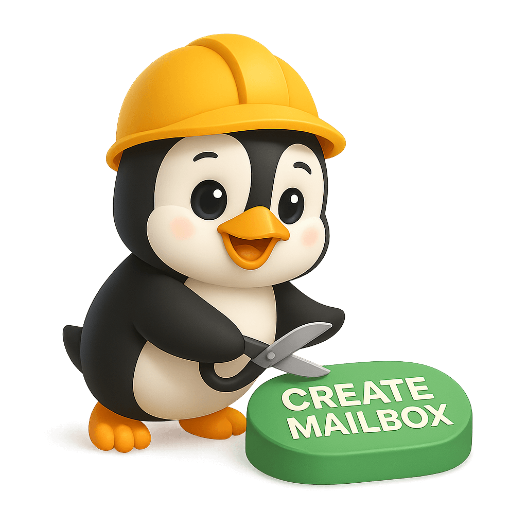 Pengo wearing a yellow helmet cutting a green button that says "Create Mailbox"