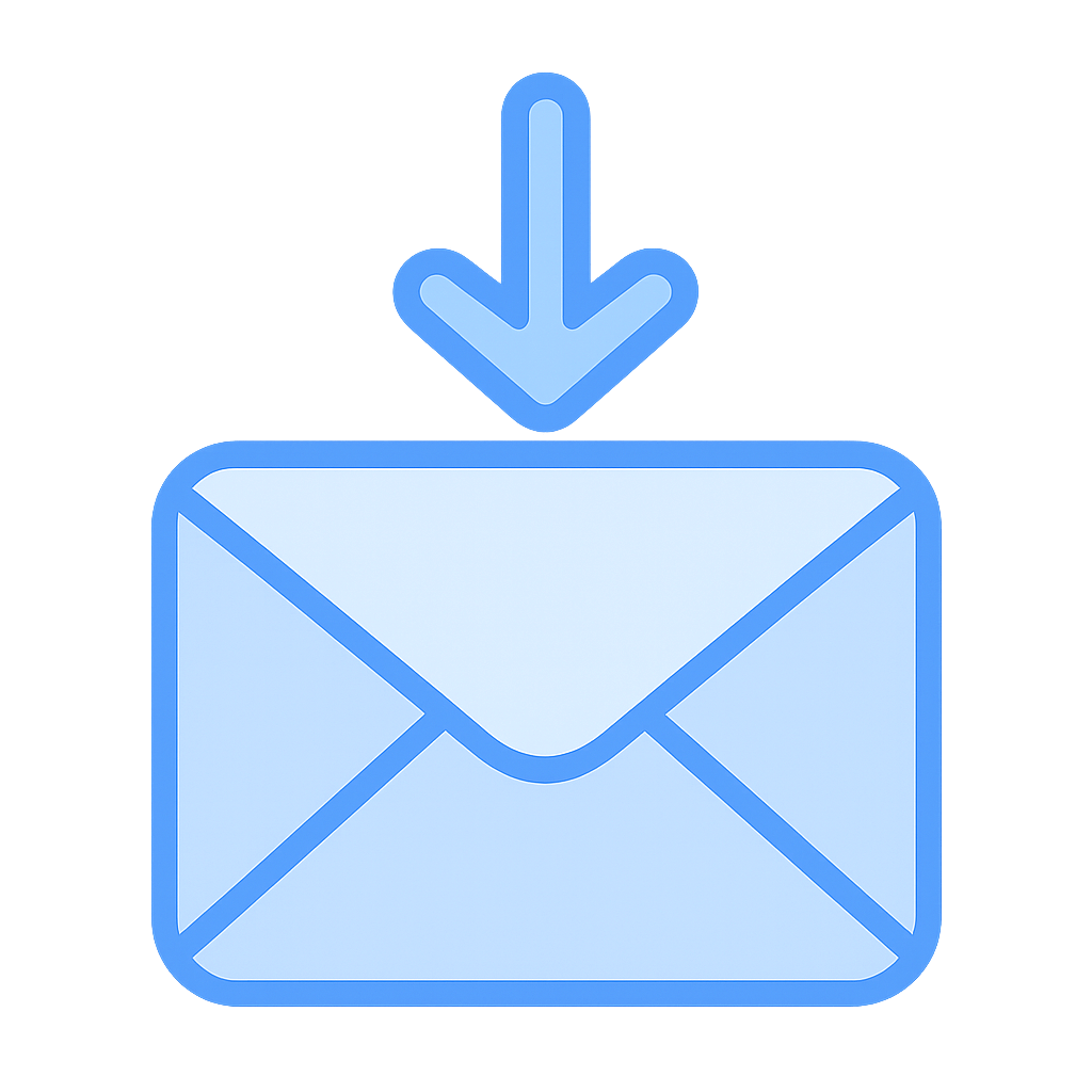 Light blue icon of envelope with downward arrow showing incoming emails