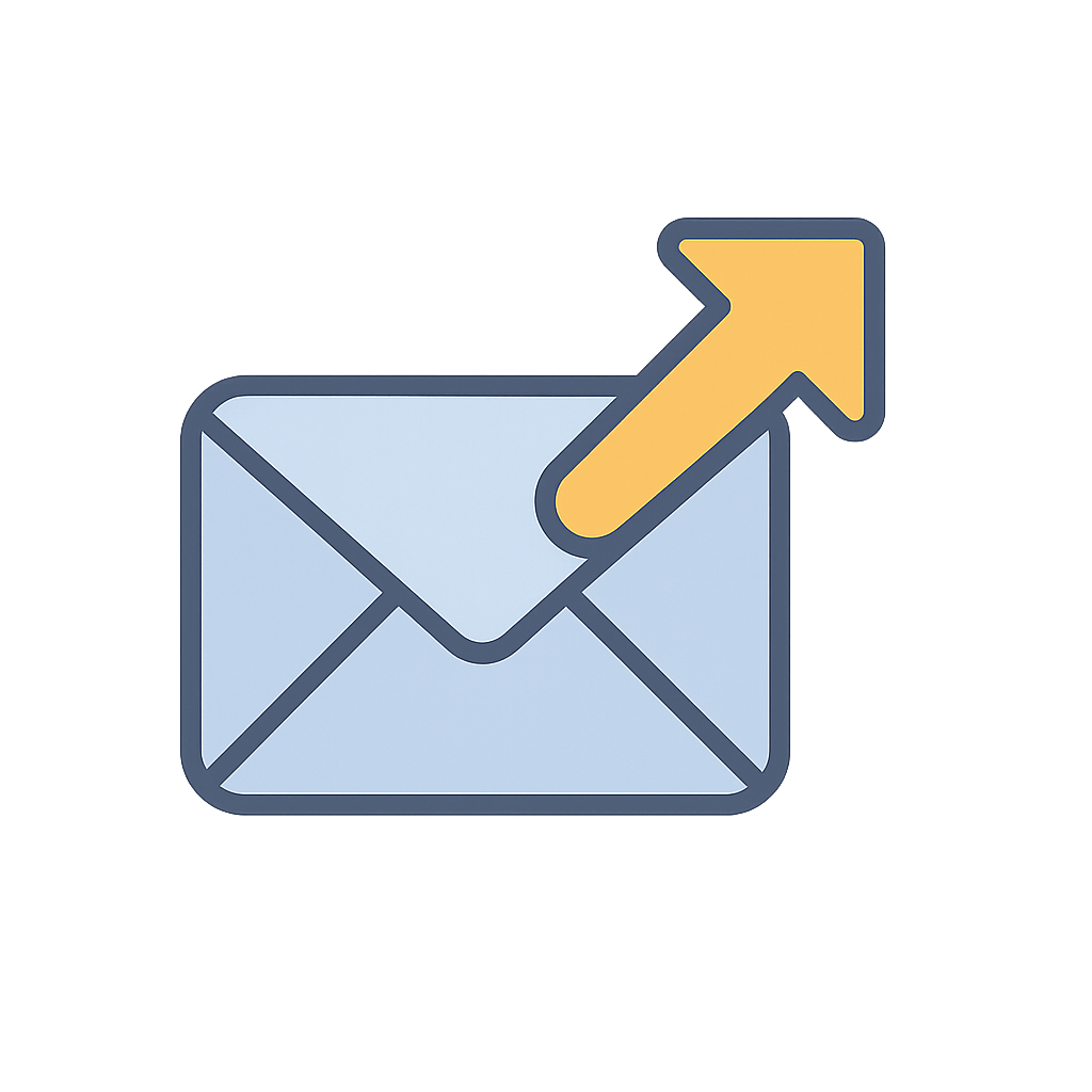 Light blue icon of envelope with arrow pointing outwards to represent email sending