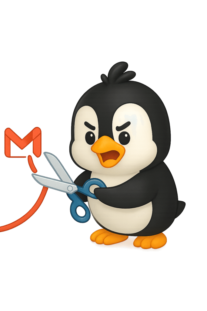 Angry Pengo cutting off Gmail cable with scissors